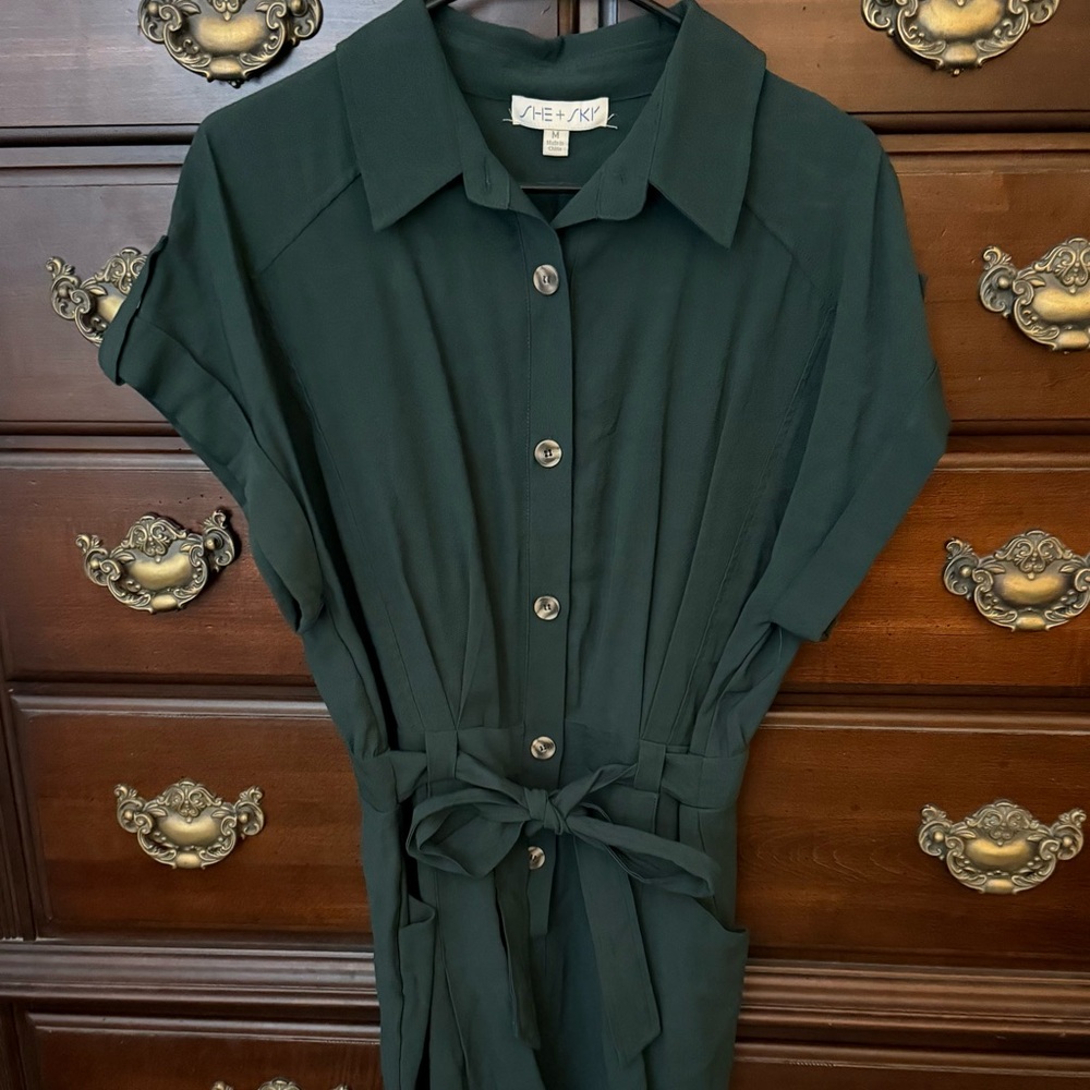 She + Sky Forest Green Button-Up romper